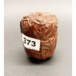 A Chinese carved fruitwood box with inset signature panel and glass eyes to the dragons, H. 8cm,