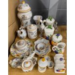 A quantity of hand painted French faience items etc, tallest H. 30cm.