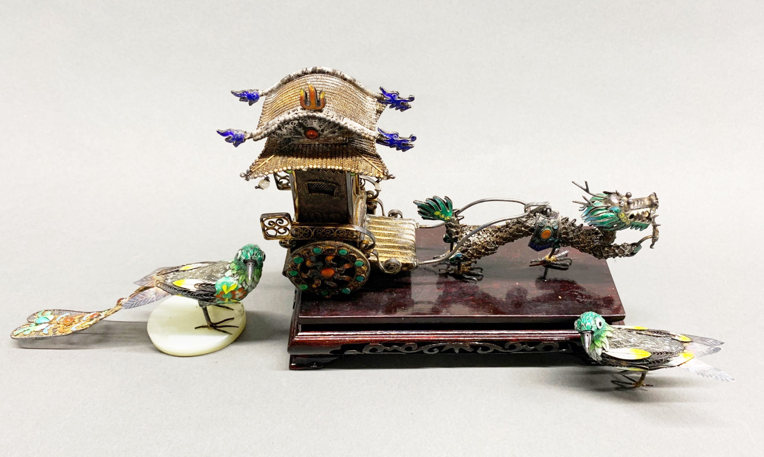 A Chinese enamelled filigree white metal dragon and carriage, H. 18cm, L. 24cm. Together with two - Image 2 of 3