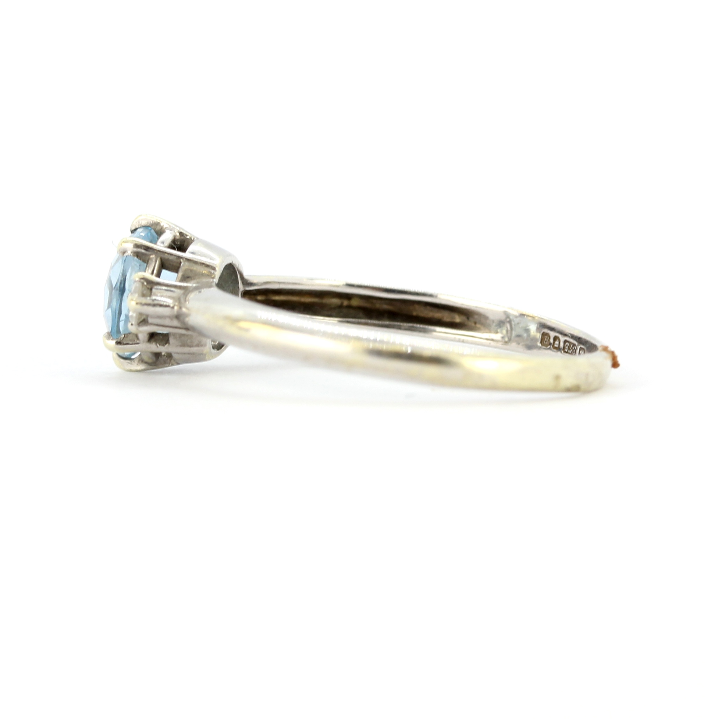 A hallmarked 9ct white gold ring set a round cut aquamarine and diamonds, (N). - Image 2 of 2