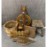 A wooden Welsh spinning wheel and further wooden items.