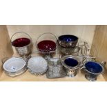 A group of 5 glass and silver plated baskets, together with other similar items, tallest H. 13cm.