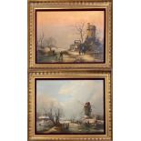 A lovely pair of 19th century Dutch gilt framed oils on oak panel of winter scenes, frame size 60