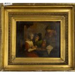 An 18th century gilt framed oil on board interior scene, frame size 33 x 28cm.