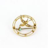 A 9ct yellow gold seed pearl and turquoise set bird brooch, dia. 2.5cm.