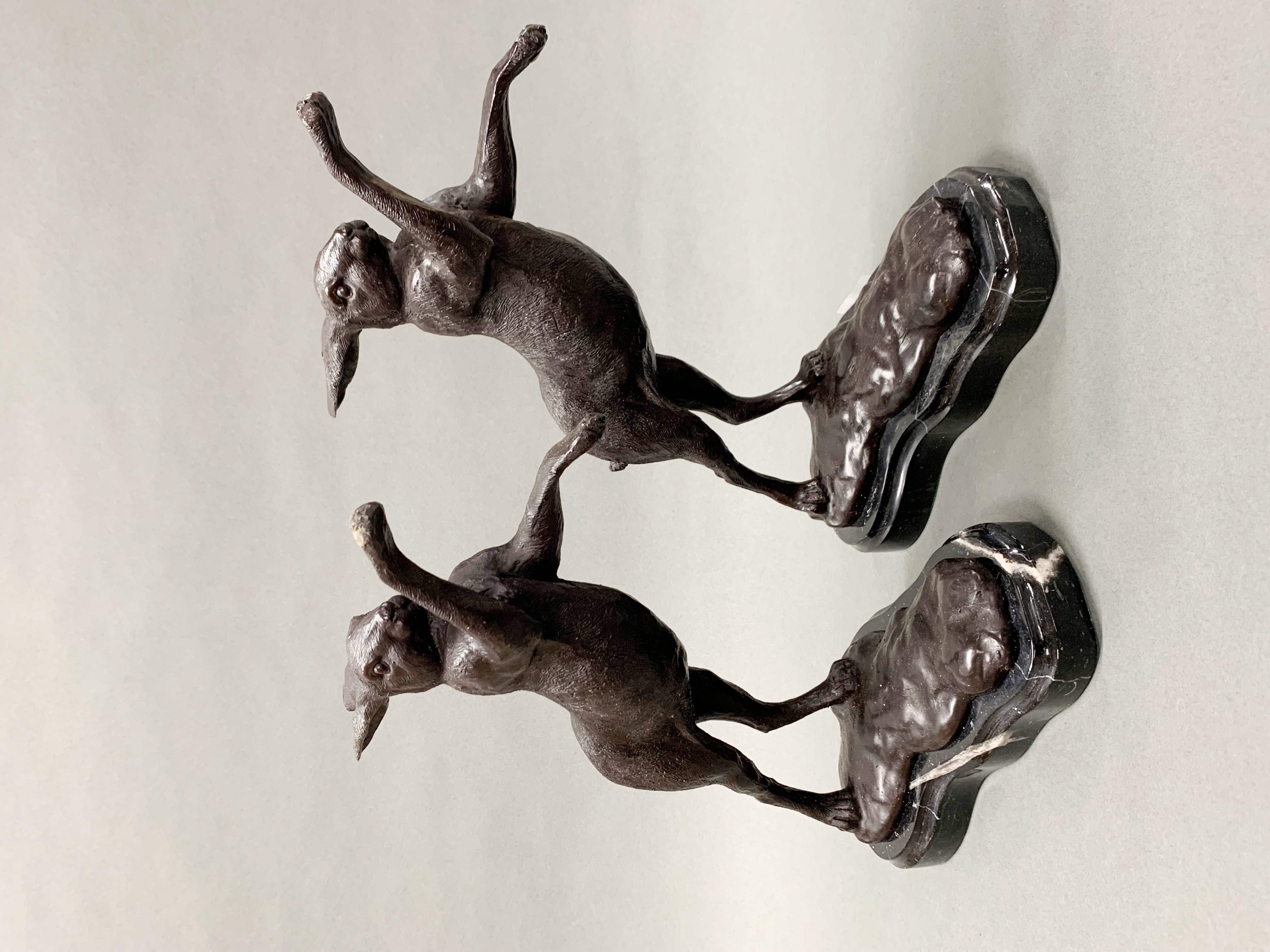 A pair of bronze figures of boxing hares on grey marble bases. - Image 3 of 3