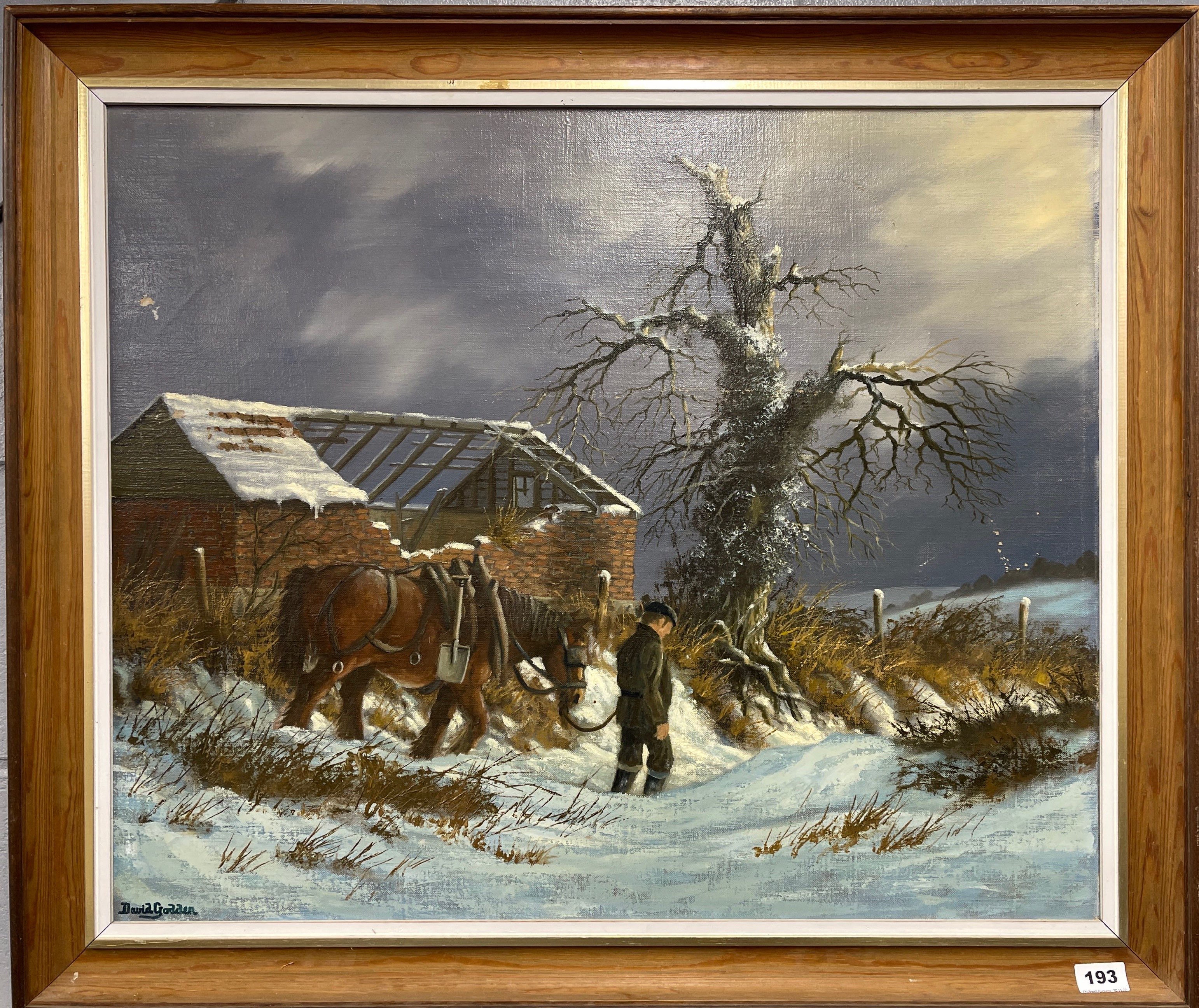 A large framed oil on canvas winter scene signed David Godden, framed size 89 x 76cm.