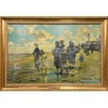 A gilt framed oil finished print of the oyster gatherers after J.Sargent, frame size 100 x 70cm.