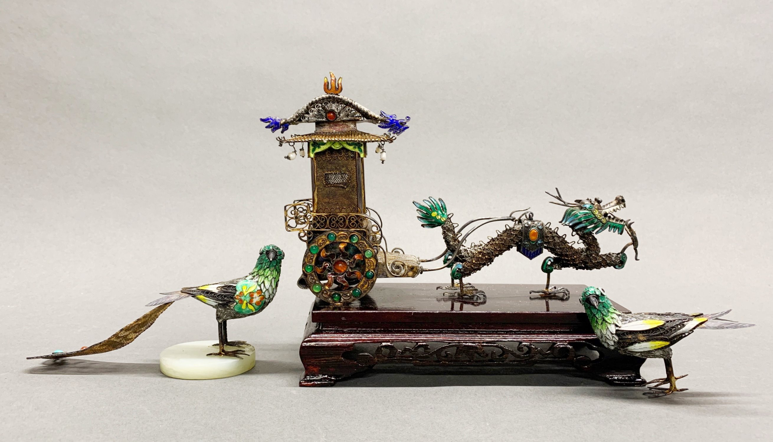 A Chinese enamelled filigree white metal dragon and carriage, H. 18cm, L. 24cm. Together with two