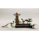 A Chinese enamelled filigree white metal dragon and carriage, H. 18cm, L. 24cm. Together with two