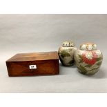 An oak marquetry jewellery box c. 1900, 30 x 18 x 10cm, together with a pair of decorated brass