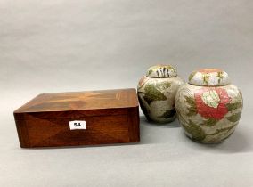 An oak marquetry jewellery box c. 1900, 30 x 18 x 10cm, together with a pair of decorated brass
