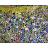 Myrna Higgins, "A field of Cornflowers", oil on canvas, 40 x 50cm, c. 2022. Vivid blue, pink, white,