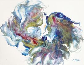 Sarah Soh, "Out Of Nothing", acrylic pour on linen canvas, 41 x 53cm, c. 2022. A couple of fish born