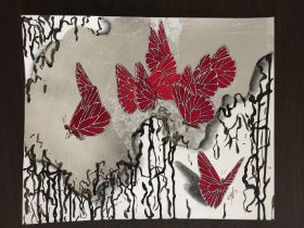 Alena Vavilina, "Butterflies series 25", paper, silver leaf, acrylic, ink, charcoal, 32 x 39cm, c.