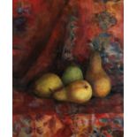Klaudyna Rajchel , "Pears on an oriental rug ", oil on canvas, 50 x 40cm, c. 2021. This alla prima