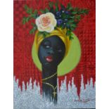 Kalu Uche Karis, "Sister rose", acrylic on canvas, 46 x 35cm, c. 2021. Semi abstract painting, a