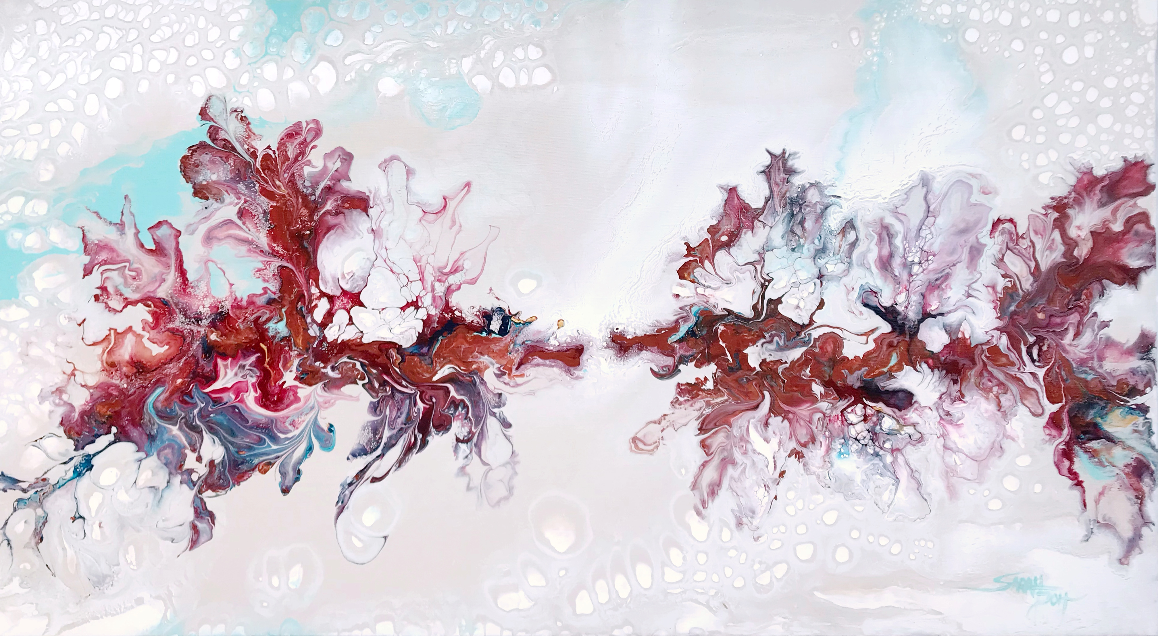 Sarah Soh, "The Hidden Gates", acrylic pour on linen canvas, 79 x 42cm, c. 2022. The seadragons in