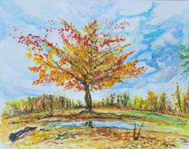 Myrna Higgins, "Tree in Autumn", oil on canvas, 75 x 60cm, c. 2021. It was a bright sunny day in