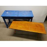 A vintage painted pine school desk together with a table with screw on legs, desk 115 x 45 x 71cm.