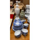 A Japanese porcelain tea set etc, with two lamp bases.