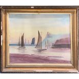 A large 19th century framed watercolour of a coastal scene initialled B.M.W, frame size 79 x 68cm.
