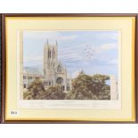 A framed pencil signed imited edition 829/1000 lithograph by Robert Tomlin of the Red Arrows over
