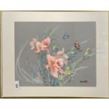 A very fine Chinese painting on silk of butterflies and flowers mounted with glass on the back to