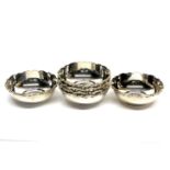 A set of six decorating silver fruit dishes, dia. 10cm. Stamped silver and tested.