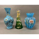 Three 19th century hand painted glass vases, tallest H. 30cm.