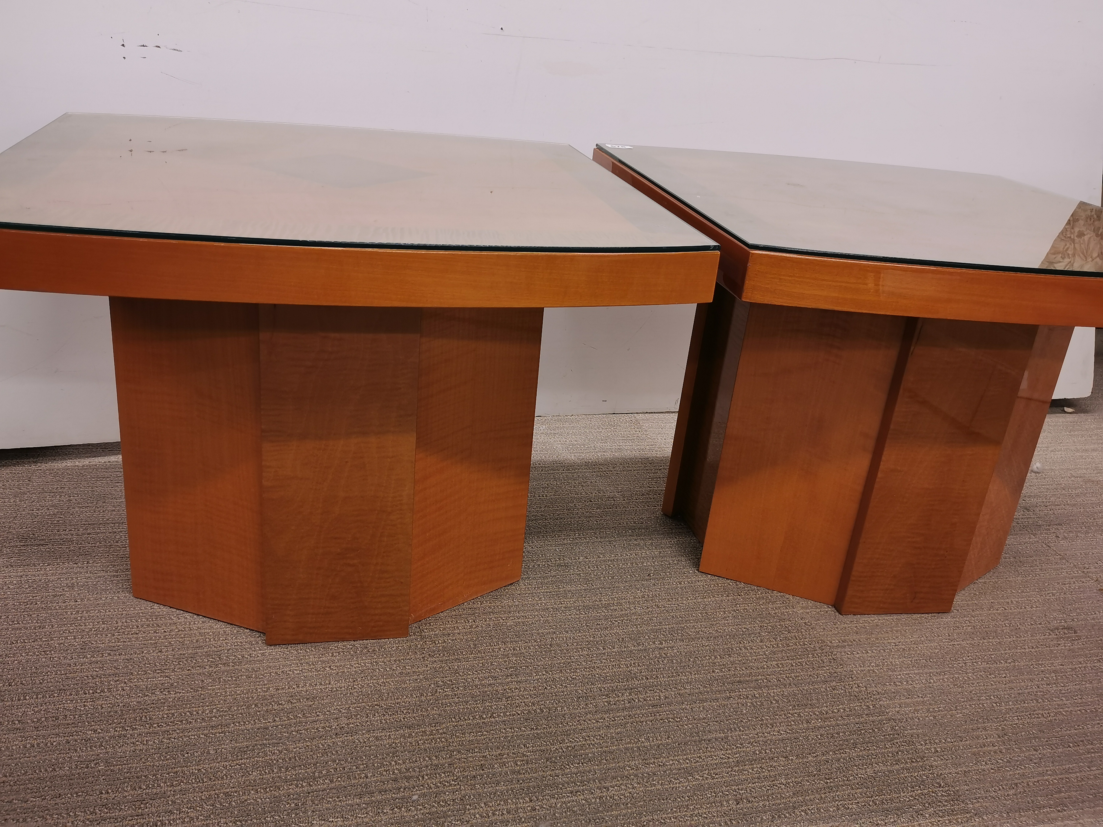 A matching pair of Art Deco satinwood coffe tables with plate glass tops. - Image 3 of 4