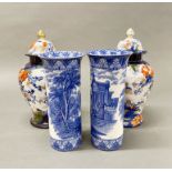 A pair of Phoenix ware Kyoto pattern jars and lids with a pair of 19th century cylinder vases (