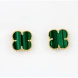 A pair of 18ct yellow gold (stamed 750) "alhambra" style malachite set stud earrings, L. 1.1cm, with