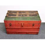 A painted metal and wooden luggage trunk, 82 x 45 x 45cm. Hinges detatched.
