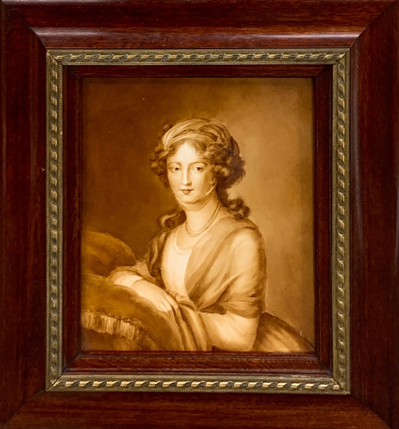 A lovely framed Continental handpainted porcelain portrait panel of a lady, frame size 31 x 43cm.