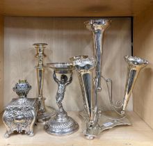 A 19th century silver plated oil lamp base converted for electricity, together with three further