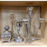 A 19th century silver plated oil lamp base converted for electricity, together with three further