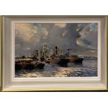 Gordon Hales: A framed oil on artist board depicting a dockland scene, frame size 81 x 61cm.