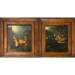 A pair of framed Dutch oils on board of night market scenes, signed R Van Molen, frame size 47 x