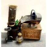 A hammered brass stick stand, coal box and other items.