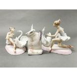 Two Lladro porcelain figurines of ballet dancers with swans, tallest H. 19cm, together with a Lladro