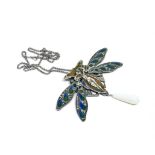 An impressive Art Nouveau style enamelled dragonfly and opalite drop pendant and chain, W. 10cm.