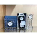 Three crystal mantel clocks by Edinburgh, Royal Doulton and Marquis, tallest H. 14cm.