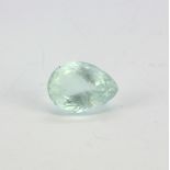 An unmounted pear cut aquamarine with a certificate, 1.9x1.4cm.