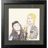 A framed size ink and wash caricature of Edina and Patsy from Absolutely Fabulous signed Brian