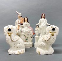 Two 19th century Staffordshire pottery flatback figures, tallest H. 35cm, together with a pair of