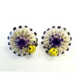 A pair of 925 silver enamelled flower shaped earrings set with amethysts, Dia. 2.5cm.