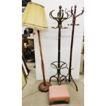 Two hat stands, a standard lamp and an upholstered footstool, standard lamp H. 185cm.