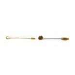 Two 9ct yellow gold tie pins, one set with opal, L. 6cm.