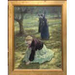 A gilt framed oil on board of young women picking apples by Dawn Gill, dated 1982, frame size 50 x